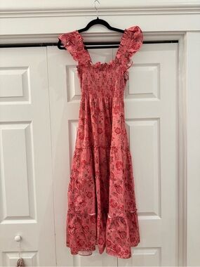 Hill House Coral Pink Floral Midi Dress